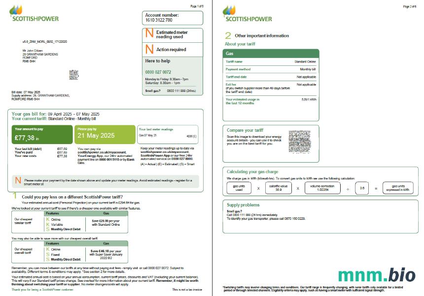 Szkocja szkocki szablon rachunku za energię elektryczną w formatach Word i PDF, 6 stron, 1-2 strony